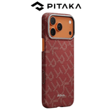  Ốp PITAKA Monogram Gold Red Hở Viền Có Nút Control – Siêu Phẩm Từ Sợi Aramid Dệt cho iPhone 17 Pro Max 