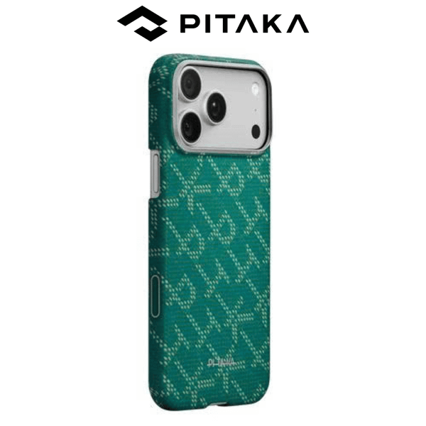  Ốp PITAKA Monogram Gold Green Hở Viền Có Nút Control – Siêu Phẩm Từ Sợi Aramid Dệt cho iPhone 17 Pro Max 