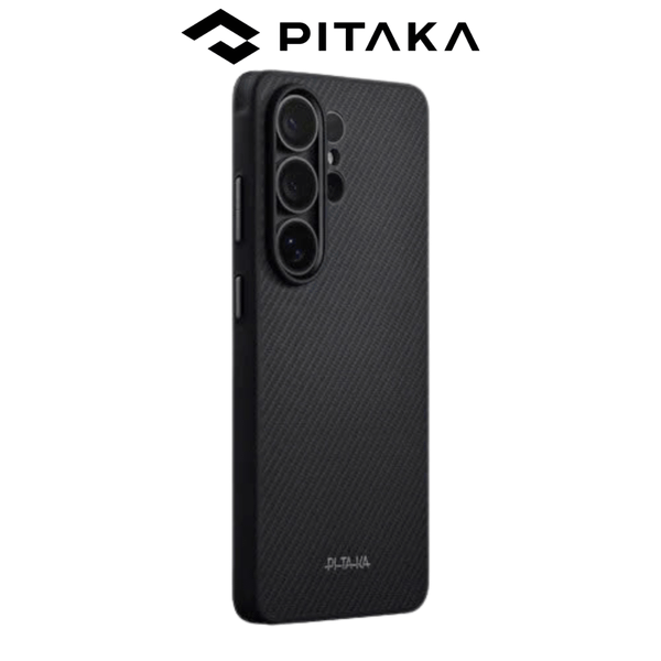  Ốp Pitaka Cairn Black Full Viền Chống Sốc có Nút Aaron NFC  – Siêu Phẩm Từ Sợi Aramid Dệt cho S26Ultra 
