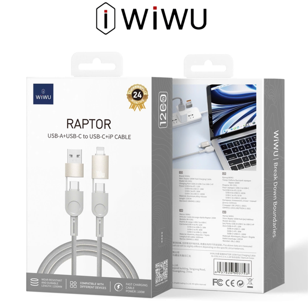  Cáp Sạc WiWU Raptor 4in1 100W Wi-C051 | Dây 2m - Hỗ Trợ PD 100W Cao Cấp Chính Hãng cho Đa Thiết Bị 
