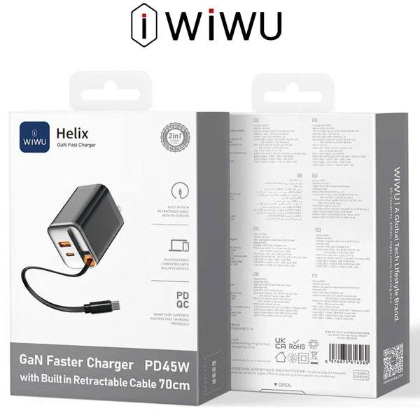  Bộ Sạc Nhanh GAN WIWU WI-G021 45W Tích Hợp Sạc Cáp Sạc TypeC to C Cao Cấp Chính Hãng cho iPhone 