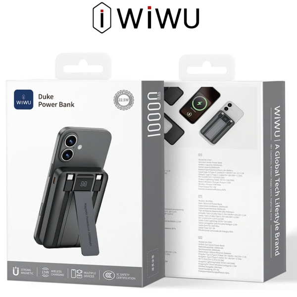  Pin Sạc Dự Phòng Wiwu Wi-P061 | 10.000mAh Tích Hợp Giá Đỡ Cáp Sạc Type C & Lighting PD 20W |22.5W| Không Dây 15W 