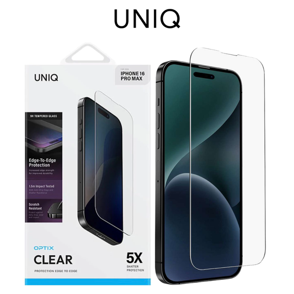  Cường Lực UNIQ OPTIX CLEAR Trong Suốt Không Viền Đen Có Khung Trợ Dán Cao Cấp Chính Hãng cho iPhone 16 Pro | 16 Pro Max| 17 Pro| 17 Pro Max 