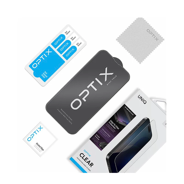  Cường Lực UNIQ OPTIX CLEAR Trong Suốt Không Viền Đen Có Khung Trợ Dán Cao Cấp Chính Hãng cho iPhone 16 Pro | 16 Pro Max| 17 Pro| 17 Pro Max 