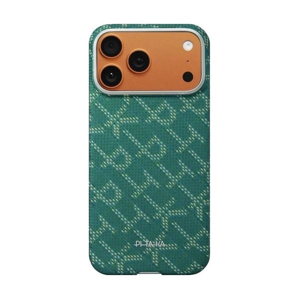  Ốp PITAKA Monogram Gold Green Hở Viền Có Nút Control – Siêu Phẩm Từ Sợi Aramid Dệt cho iPhone 17 Pro Max 