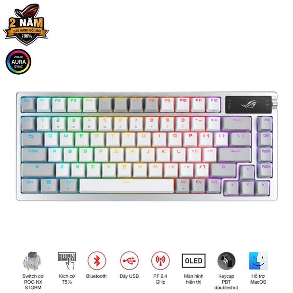 Bàn phím không dây ASUS ROG AZOTH NX RED (WL/PBT/OLED-SCR/Trắng) (90MP0316-BKUA11)