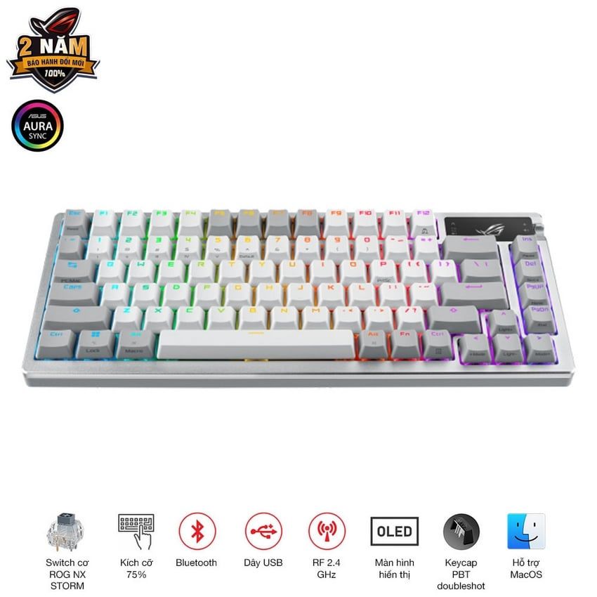 Bàn phím không dây ASUS ROG AZOTH NX RED (WL/PBT/OLED-SCR/Trắng) (90MP0316-BKUA11)