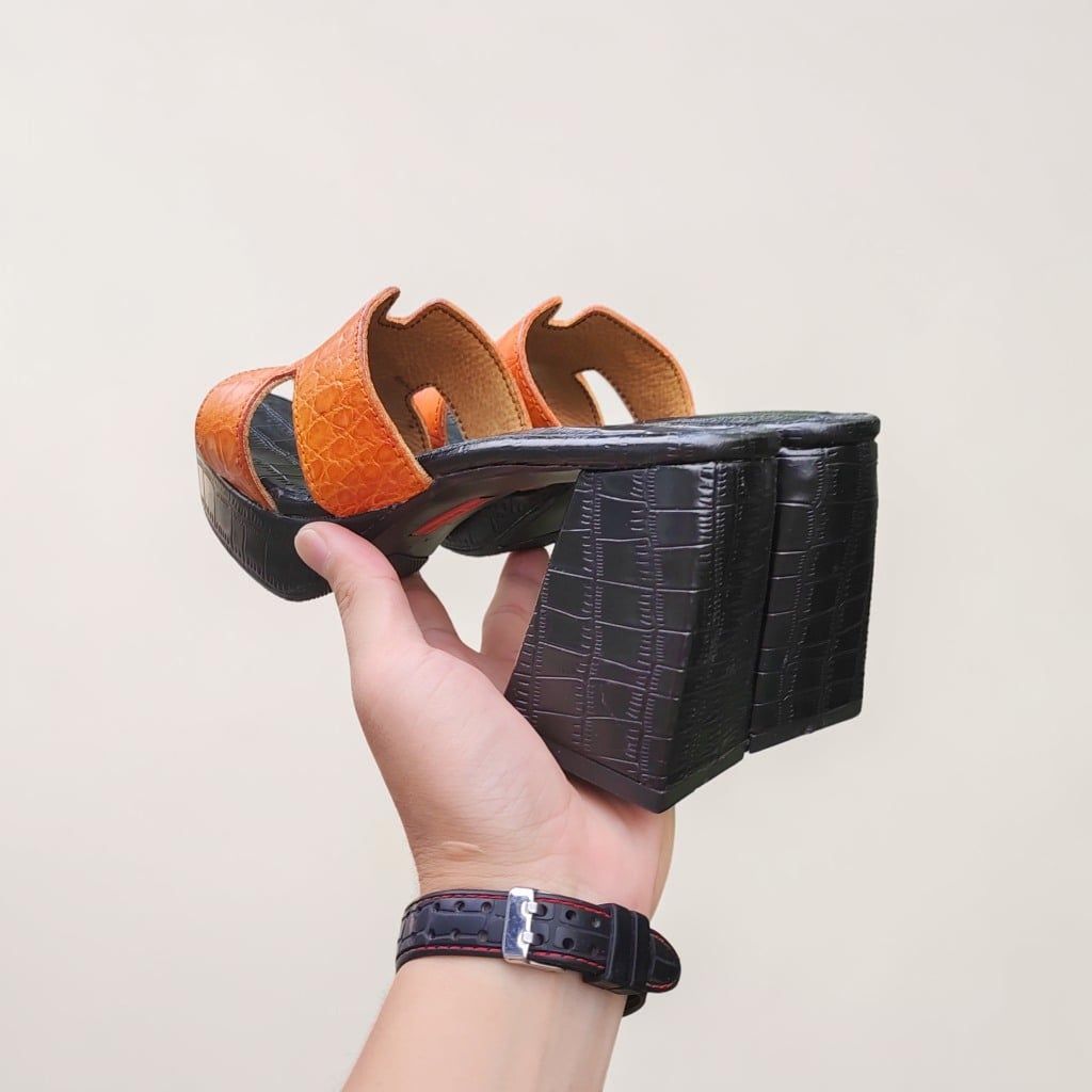 Dép cao gót 10cm cho Nữ. Da cá sấu Vàng bò Nổi bật!