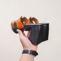Dép cao gót 10cm cho Nữ. Da cá sấu Vàng bò Nổi bật!