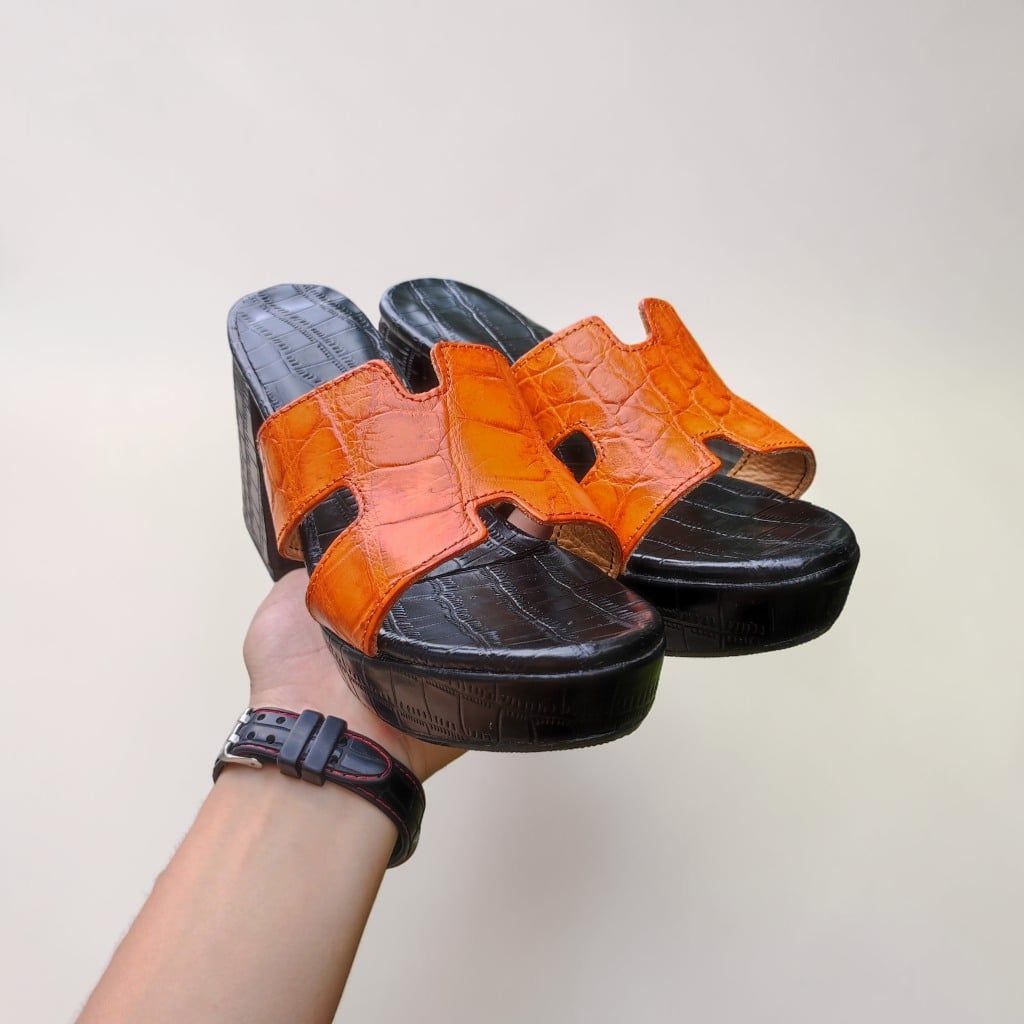 Dép cao gót 10cm cho Nữ. Da cá sấu Vàng bò Nổi bật!