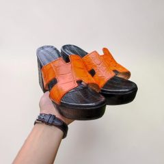 Dép cao gót 10cm cho Nữ. Da cá sấu Vàng bò Nổi bật!