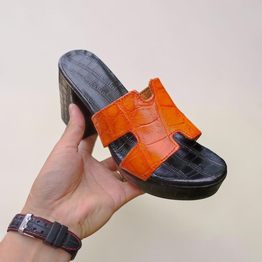 Dép cao gót 10cm cho Nữ. Da cá sấu Vàng bò Nổi bật!