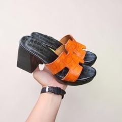 Dép cao gót 10cm cho Nữ. Da cá sấu Vàng bò Nổi bật!