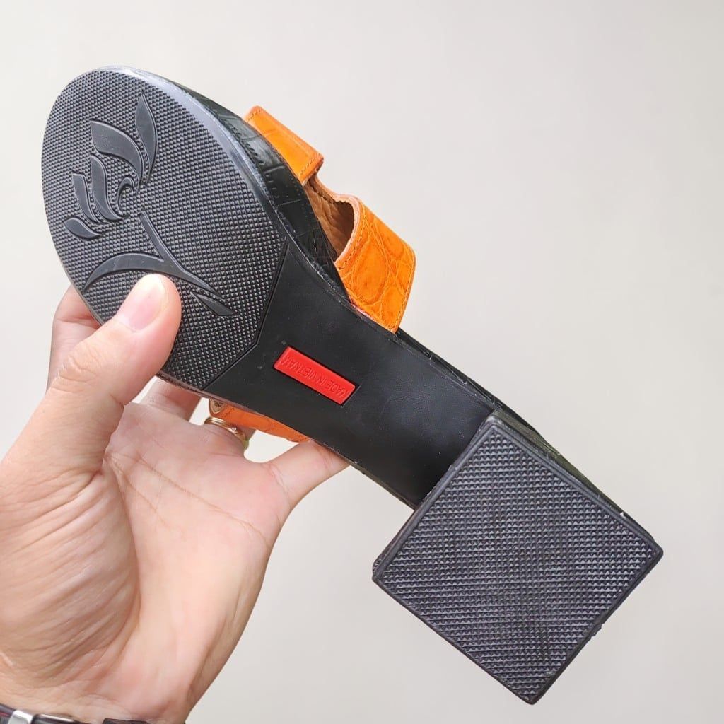 Dép cao gót 10cm cho Nữ. Da cá sấu Vàng bò Nổi bật!