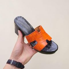 Dép cao gót 10cm cho Nữ. Da cá sấu Vàng bò Nổi bật!