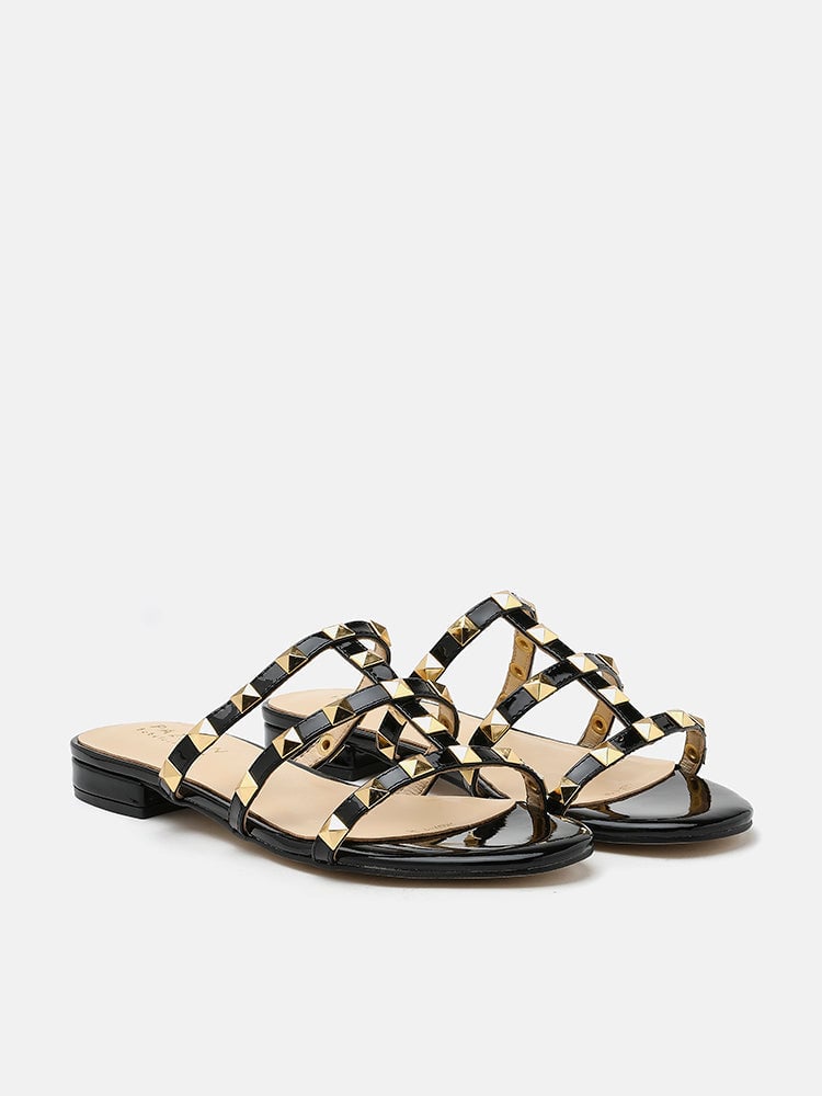  Dép Nữ Pazzion Ingrid Gold Studded Cage Patent Leather Slides 
