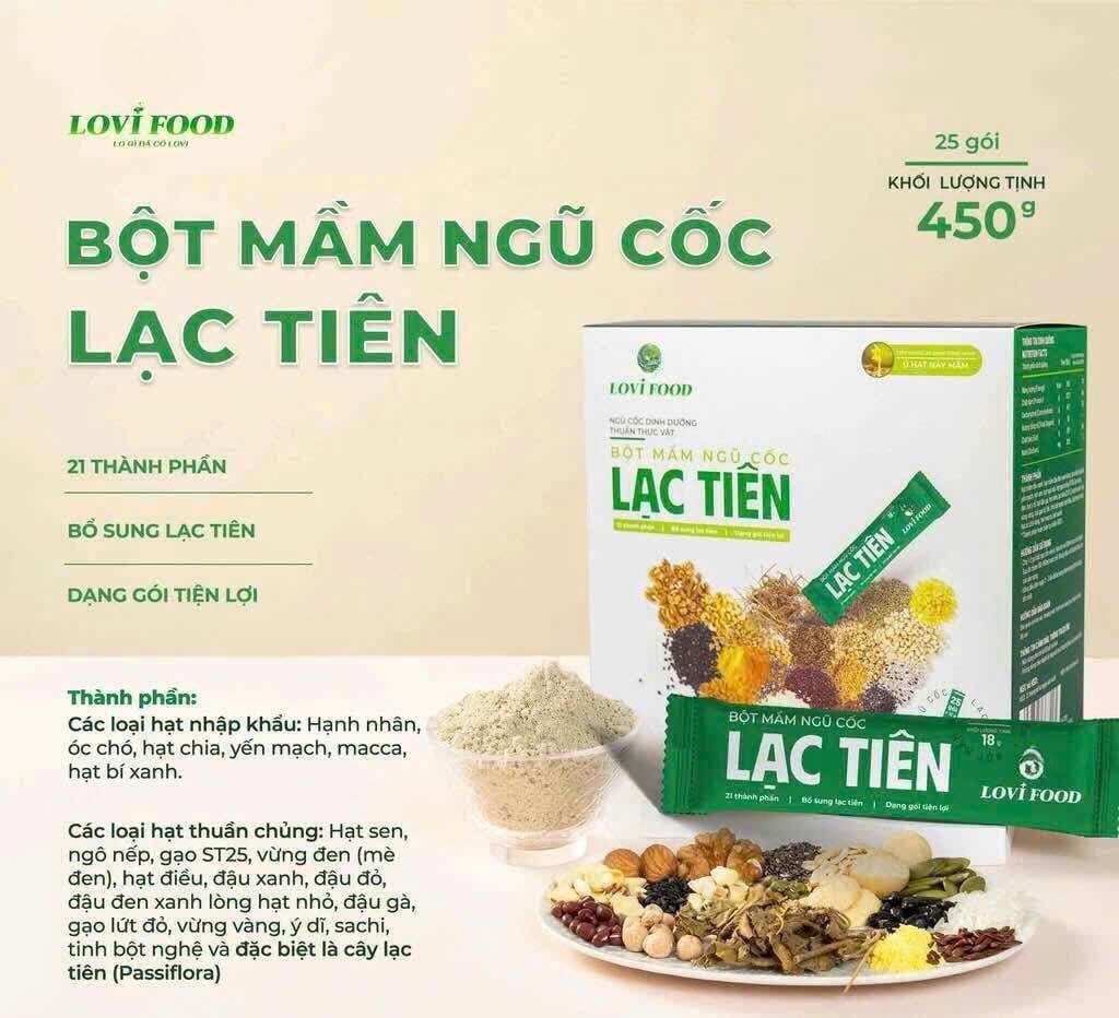 Bột Mầm Ngũ Cốc Lạc Tiên LoviFood 450g (25 gói x 18g)  - Thực Phẩm Bổ Sung Dinh Dưỡng Cho Mẹ Bầu, Sau Sinh, Người Già, Người Tiểu Đường, Ăn Chay, Ăn Kiêng, Eat Clean, Healthy, Tốt Cho Tim Mạch, Giúp Ngủ Ngon Hơn