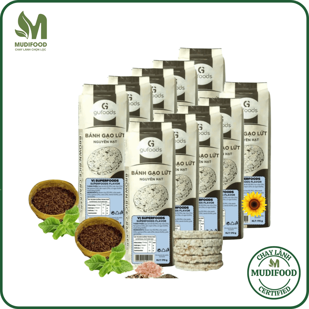 [Vị Superfoods] - Bánh Gạo Lứt Mix Superfoods GUfoods 170g/ 300g - Thực Phẩm Bổ Sung Dinh Dưỡng Cho Mẹ Bầu, Sau Sinh, Người Ăn Chay, Ăn Kiêng, Giảm Cân, Tập Gym, Eat Clean, Hàm Lượng Giàu Protein Và Chất Xơ (Bánh Và Snack Healthy)