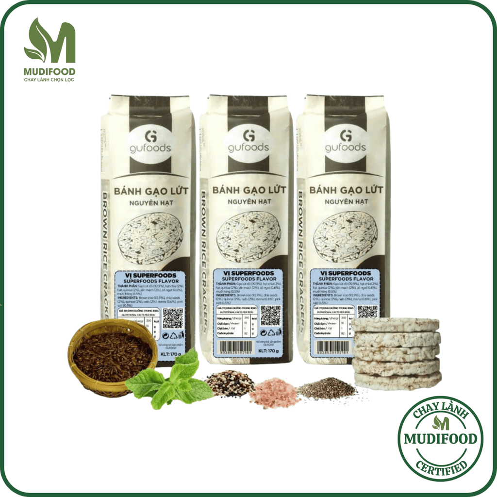 [Vị Superfoods] - Bánh Gạo Lứt Mix Superfoods GUfoods 170g/ 300g - Thực Phẩm Bổ Sung Dinh Dưỡng Cho Mẹ Bầu, Sau Sinh, Người Ăn Chay, Ăn Kiêng, Giảm Cân, Tập Gym, Eat Clean, Hàm Lượng Giàu Protein Và Chất Xơ (Bánh Và Snack Healthy)
