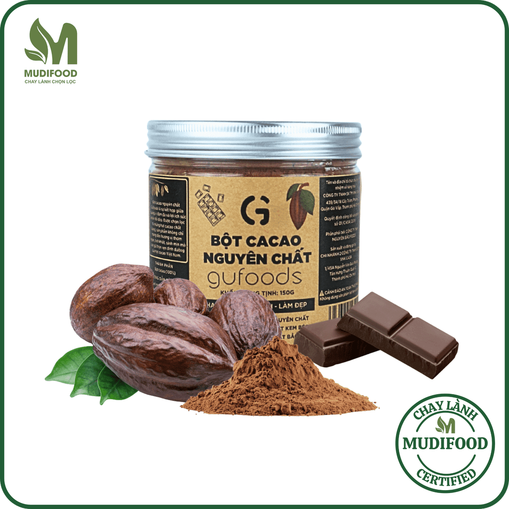 Bột Cacao Nguyên Chất Gufoods Hũ 150g - 100% Nguyên Chất, Không Đường, Giàu Flavan, Thực Phẩm Bổ Sung Dinh Dưỡng Cho Mẹ Bầu, Sau Sinh, Người Già, Người Tiểu Đường, Ăn Chay, Ăn Kiêng, Eat Clean, Healthy, Tốt Cho Tim Mạch (SPF)
