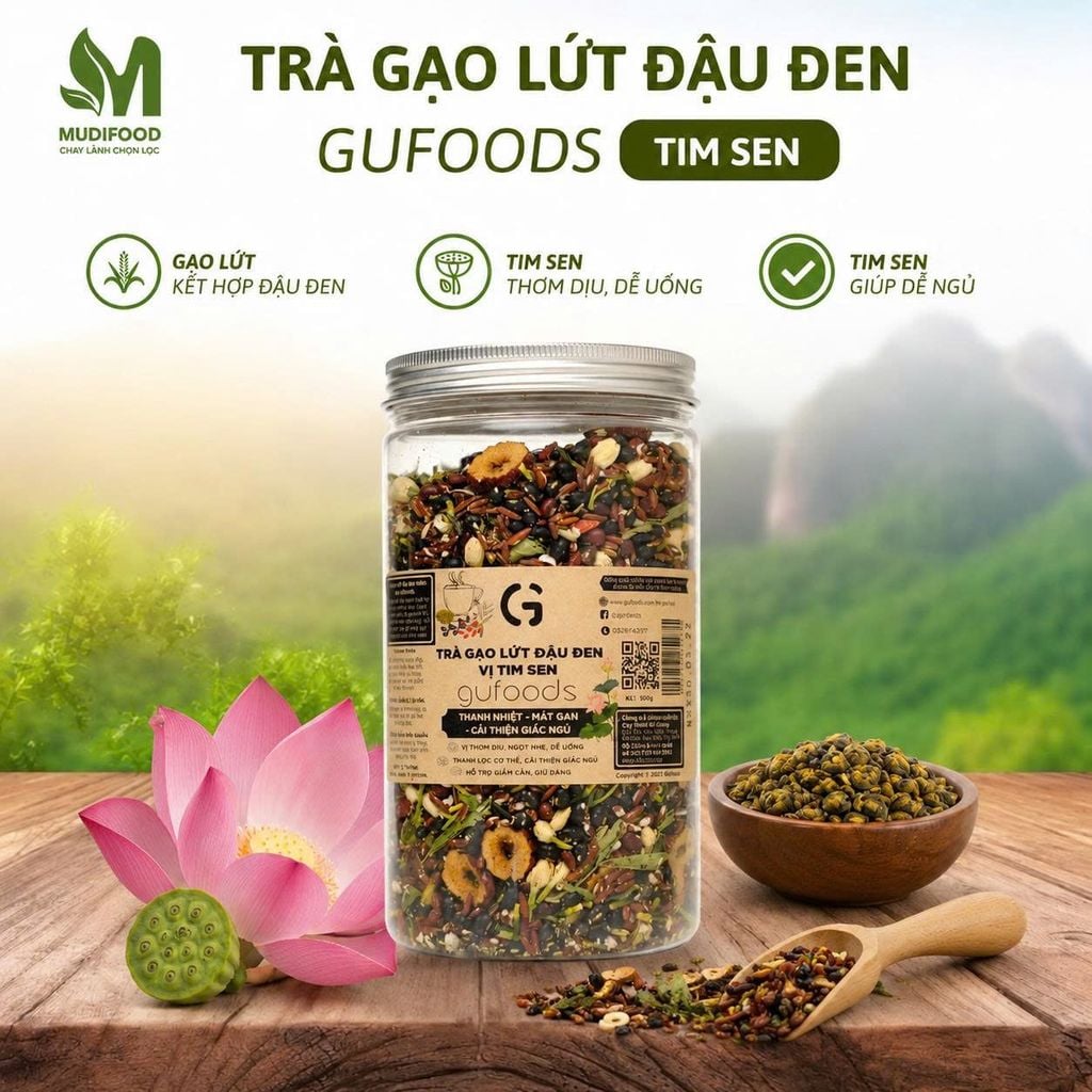 [Vị Tim Sen] - Trà Gạo Lứt Đậu Đen GUfoods Hũ 500g - Thanh Nhiệt, Mát Gan, Cải Thiện Giấc Ngủ, Tốt Cho Tim Mạch, Eatclean, Healthy (Trà)