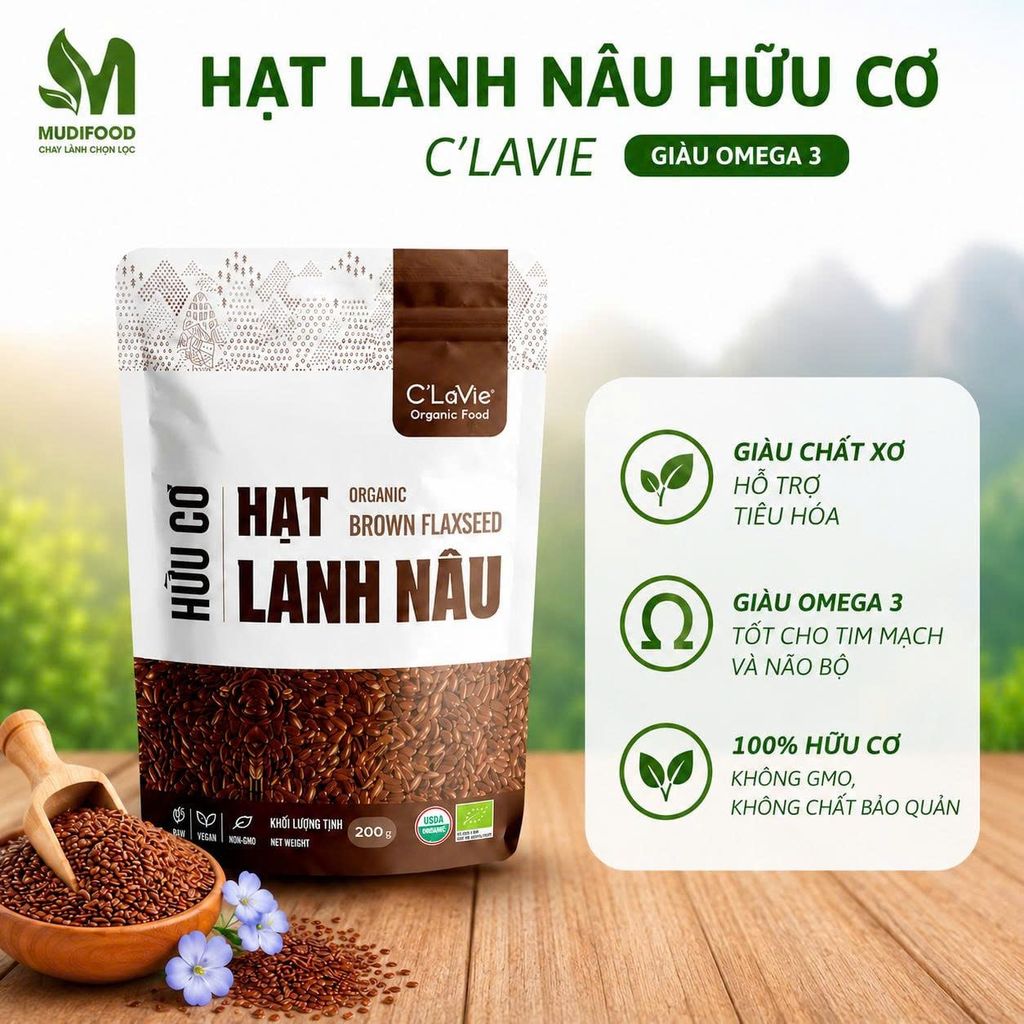 Hạt Lanh Nâu Hữu Cơ C'Lavie Gói 200g - Thực Phẩm Bổ Sung Dinh Dưỡng Cho Mẹ Bầu, Sau Sinh, Người Già, Người Tiểu Đường, Ăn Chay, Ăn Kiêng, Healthy, Tốt Cho Tim Mạch Giàu Omega 3-6, Protein Thực Vật (CBCL, SPF, Hạt Và Đậu)