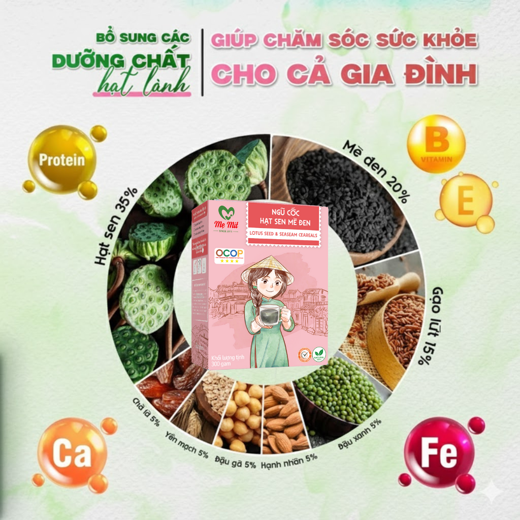 Ngũ Cốc Hạt Sen Mè Đen Mẹ Mít Hộp 300g -  Thực Phẩm Bổ Sung Dinh Dưỡng Cho Mẹ Bầu, Sau Sinh, Người Già, Người Tiểu Đường, Ăn Chay, Ăn Kiêng, Eat Clean, Healthy, Tốt Cho Tim Mạch Ngon Từ Thiên Nhiên, Dưỡng Tâm An Giấc, Đẹp Da