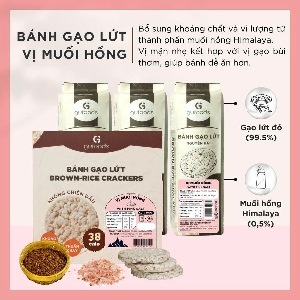 [Vị Muối Hồng] - Bánh Gạo Lứt Ăn Kiêng GUfoods 170g - Thực Phẩm Bổ Sung Dinh Dưỡng Cho Người Tiểu Đường, Người Ăn Chay, Ăn Kiêng, Giảm Cân, Tập Gym, Eat Clean, Hàm Lượng Chất Xơ Cao (Bánh Và Snack Healthy)