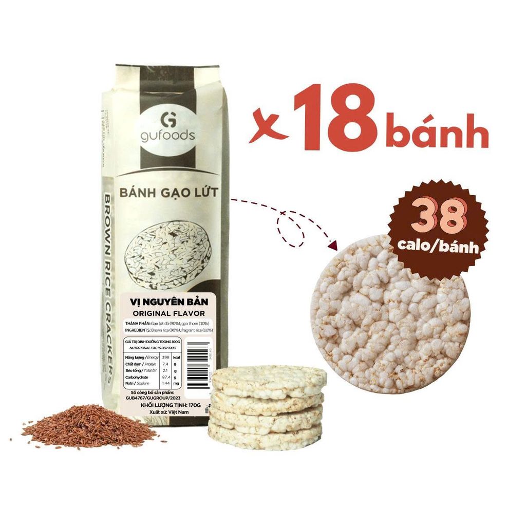 [Vị Nguyên Bản] - Bánh Gạo Lứt GUfoods 170g - Thực Phẩm Bổ Sung Dinh Dưỡng Cho Mẹ Bầu, Sau Sinh, Người Ăn Chay, Ăn Kiêng, Giảm Cân, Tập Gym, Eat Clean, Hàm Lượng Giàu Protein Và Chất Xơ (Bánh Và Snack Healthy)