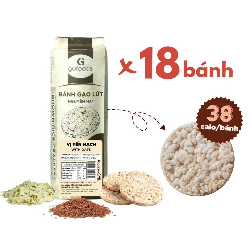 [Vị Yến Mạch] - Bánh Gạo Lứt Ăn Kiêng GUfoods 170g - Thực Phẩm Bổ Sung Dinh Dưỡng Cho Người Tiểu Đường, Người Ăn Chay, Ăn Kiêng, Giảm Cân, Tập Gym, Eat Clean, Hàm Lượng Chất Xơ Cao (Bánh Và Snack Healthy)