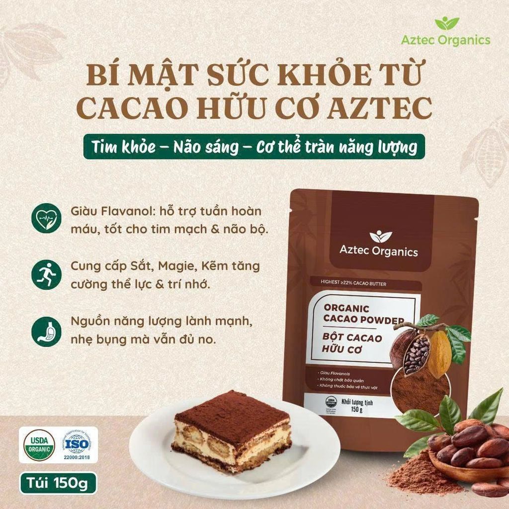 Bột Cacao Hữu Cơ Aztec Organics 150g – 100% Nguyên Chất, Không Đường, Giàu Flavan, Thực Phẩm Bổ Sung Dinh Dưỡng Cho Mẹ Bầu, Sau Sinh, Người Già, Người Tiểu Đường, Ăn Chay, Ăn Kiêng, Eat Clean, Healthy, Tốt Cho Tim Mạch (SPF))