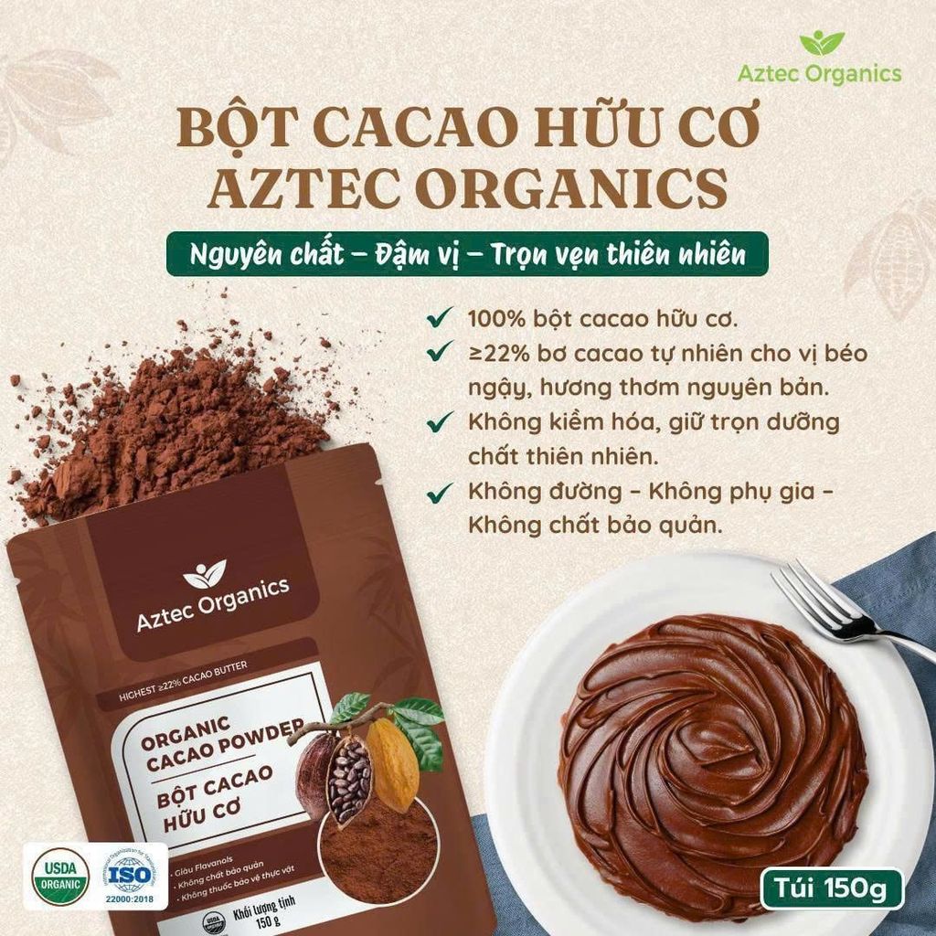 Bột Cacao Hữu Cơ Aztec Organics 150g – 100% Nguyên Chất, Không Đường, Giàu Flavan, Thực Phẩm Bổ Sung Dinh Dưỡng Cho Mẹ Bầu, Sau Sinh, Người Già, Người Tiểu Đường, Ăn Chay, Ăn Kiêng, Eat Clean, Healthy, Tốt Cho Tim Mạch (SPF))