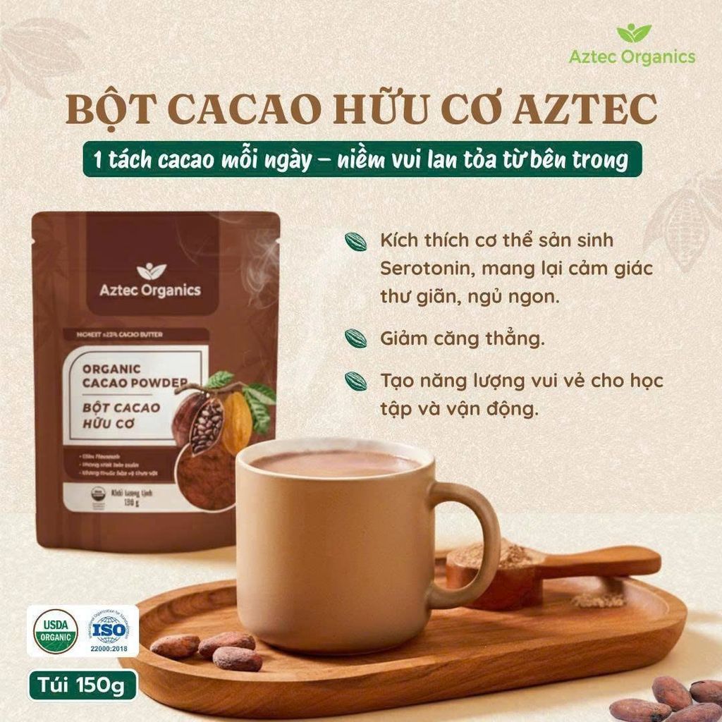 Bột Cacao Hữu Cơ Aztec Organics 150g – 100% Nguyên Chất, Không Đường, Giàu Flavan, Thực Phẩm Bổ Sung Dinh Dưỡng Cho Mẹ Bầu, Sau Sinh, Người Già, Người Tiểu Đường, Ăn Chay, Ăn Kiêng, Eat Clean, Healthy, Tốt Cho Tim Mạch (SPF))