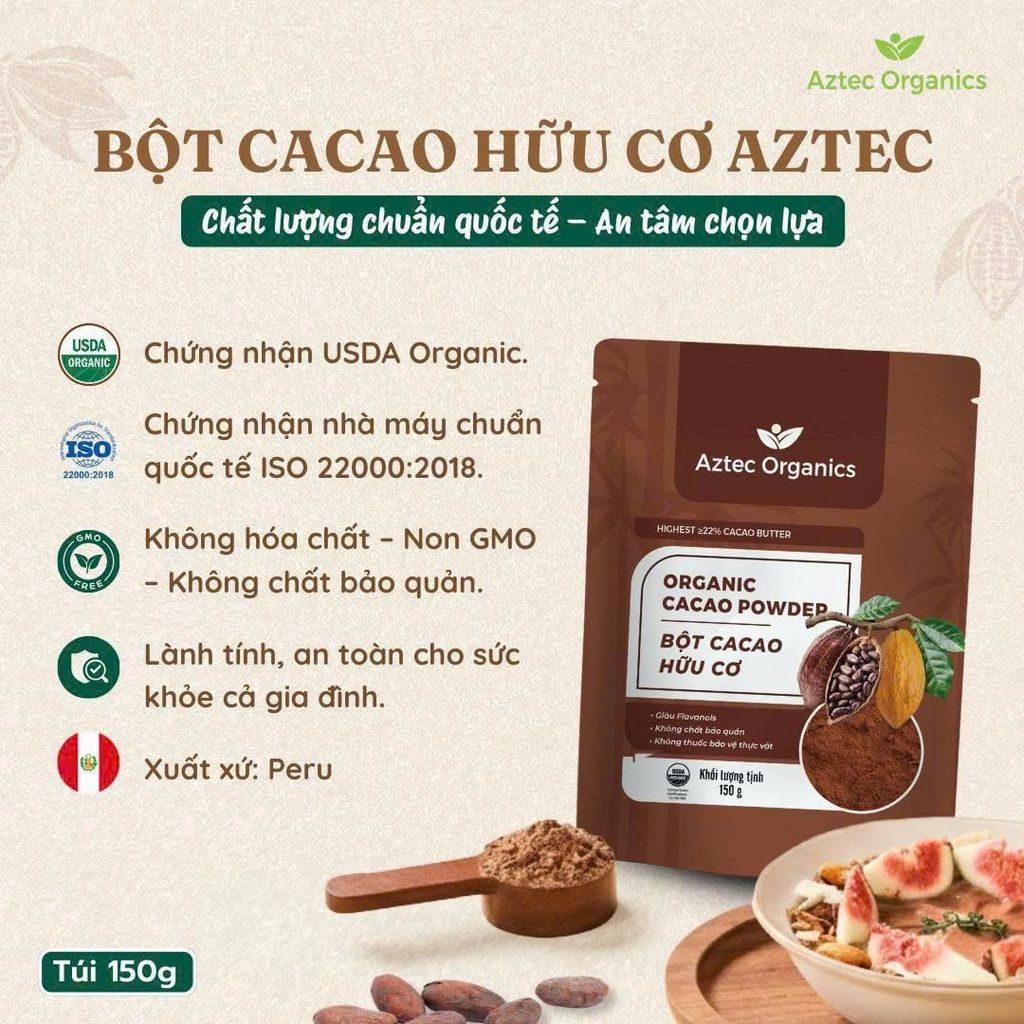 Bột Cacao Hữu Cơ Aztec Organics 150g – 100% Nguyên Chất, Không Đường, Giàu Flavan, Thực Phẩm Bổ Sung Dinh Dưỡng Cho Mẹ Bầu, Sau Sinh, Người Già, Người Tiểu Đường, Ăn Chay, Ăn Kiêng, Eat Clean, Healthy, Tốt Cho Tim Mạch (SPF))