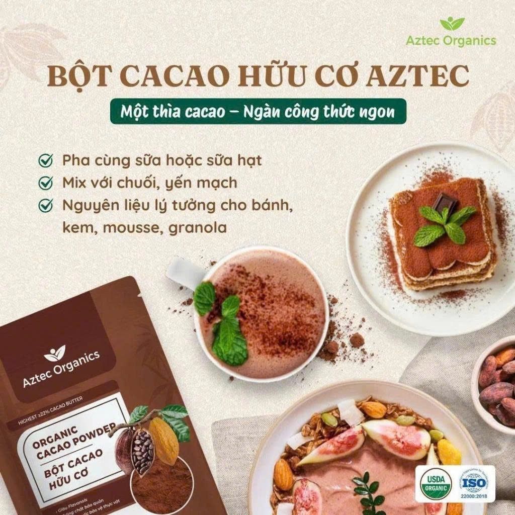 Bột Cacao Hữu Cơ Aztec Organics 150g – 100% Nguyên Chất, Không Đường, Giàu Flavan, Thực Phẩm Bổ Sung Dinh Dưỡng Cho Mẹ Bầu, Sau Sinh, Người Già, Người Tiểu Đường, Ăn Chay, Ăn Kiêng, Eat Clean, Healthy, Tốt Cho Tim Mạch (SPF))
