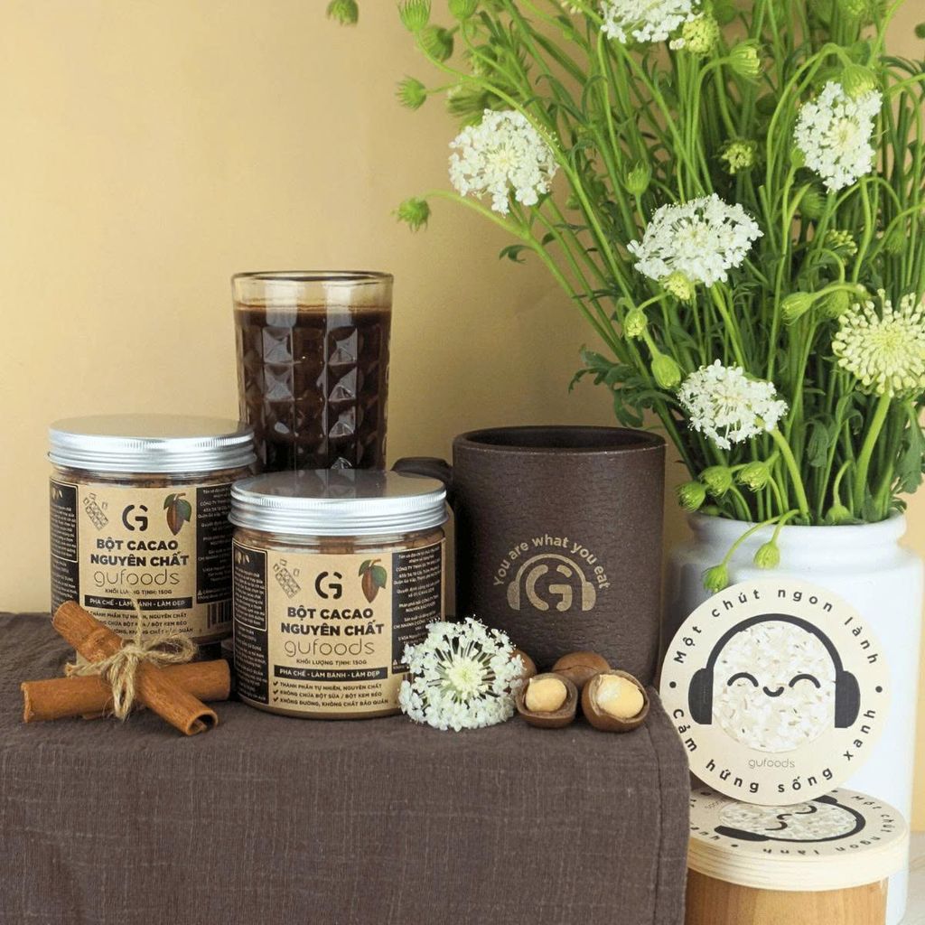 Bột Cacao Nguyên Chất Gufoods Hũ 150g - 100% Nguyên Chất, Không Đường, Giàu Flavan, Thực Phẩm Bổ Sung Dinh Dưỡng Cho Mẹ Bầu, Sau Sinh, Người Già, Người Tiểu Đường, Ăn Chay, Ăn Kiêng, Eat Clean, Healthy, Tốt Cho Tim Mạch (SPF)