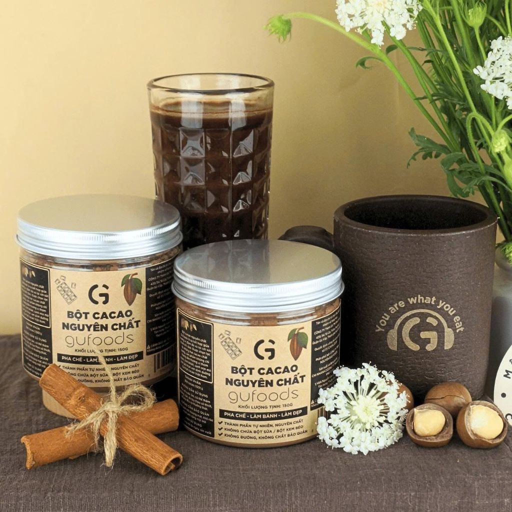 Bột Cacao Nguyên Chất Gufoods Hũ 150g - 100% Nguyên Chất, Không Đường, Giàu Flavan, Thực Phẩm Bổ Sung Dinh Dưỡng Cho Mẹ Bầu, Sau Sinh, Người Già, Người Tiểu Đường, Ăn Chay, Ăn Kiêng, Eat Clean, Healthy, Tốt Cho Tim Mạch (SPF)