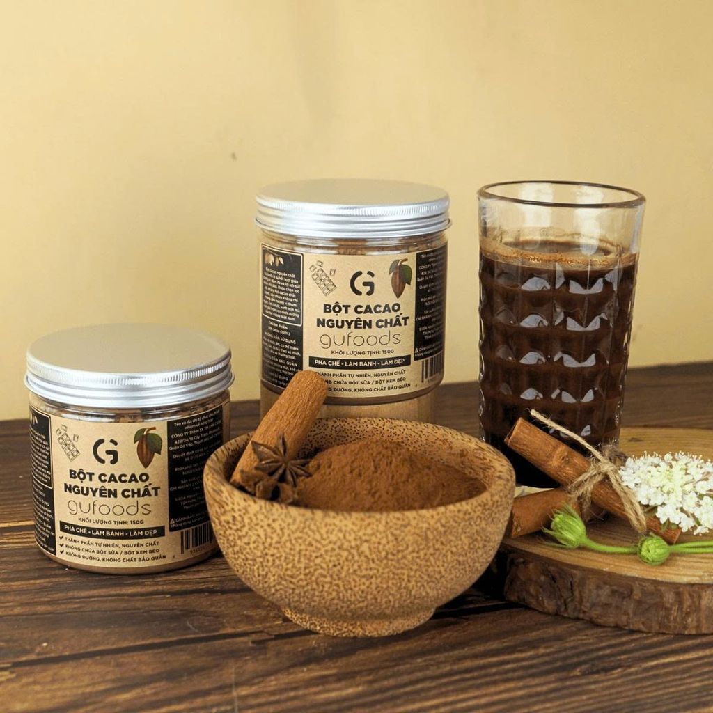 Bột Cacao Nguyên Chất Gufoods Hũ 150g - 100% Nguyên Chất, Không Đường, Giàu Flavan, Thực Phẩm Bổ Sung Dinh Dưỡng Cho Mẹ Bầu, Sau Sinh, Người Già, Người Tiểu Đường, Ăn Chay, Ăn Kiêng, Eat Clean, Healthy, Tốt Cho Tim Mạch (SPF)