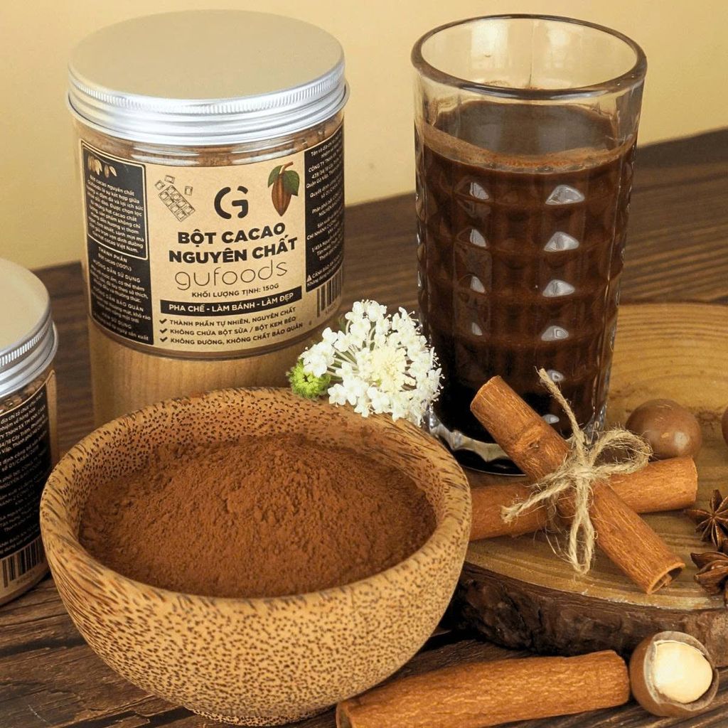 Bột Cacao Nguyên Chất Gufoods Hũ 150g - 100% Nguyên Chất, Không Đường, Giàu Flavan, Thực Phẩm Bổ Sung Dinh Dưỡng Cho Mẹ Bầu, Sau Sinh, Người Già, Người Tiểu Đường, Ăn Chay, Ăn Kiêng, Eat Clean, Healthy, Tốt Cho Tim Mạch (SPF)