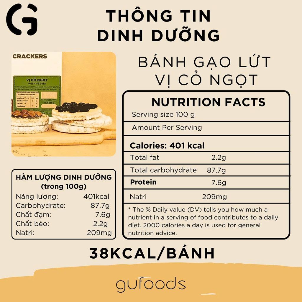 [Vị Cỏ Ngọt] - Bánh Gạo Lứt Ăn Kiêng GUfoods 170g  - Thực Phẩm Bổ Sung Dinh Dưỡng Cho Người Tiểu Đường, Người Ăn Chay, Ăn Kiêng, Giảm Cân, Tập Gym, Eat Clean, Hàm Lượng Chất Xơ Cao (Bánh Và Snack Healthy)