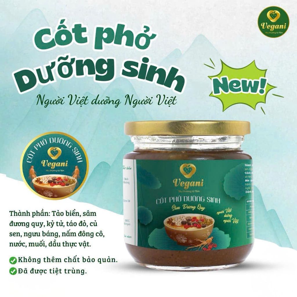 Cốt Phở Dưỡng Sinh Vegani 250g - Thực Phẩm Bổ Sung Dinh Dưỡng Cho Cả Gia Đình, Người Tiểu Đường, Ăn Kiêng, Ăn Chay, Nước Dùng Phở Chay Vegan, Thanh Ngọt Từ Rau Củ, Tiện Lợi (GV)