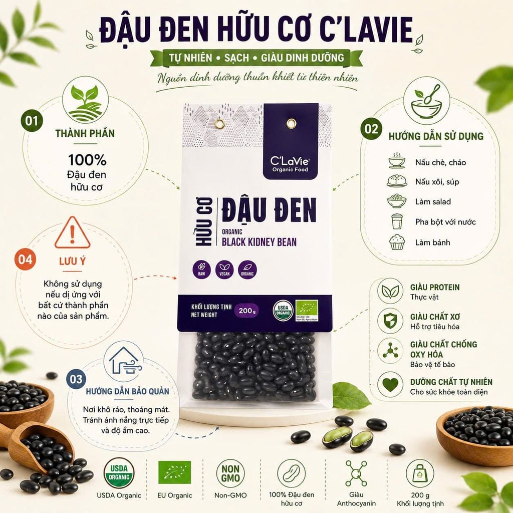 Đậu Đen Hữu Cơ C'Lavie 200g - Thực Phẩm Bổ Sung Dinh Dưỡng Cho Mẹ Bầu, Sau Sinh, Người Già, Người Tiểu Đường, Ăn Chay, Ăn Kiêng, Eat Clean, Healthy, Tốt Cho Tim Mạch, Dùng Nấu Sữa Hạt, Chè, Cháo Ăn Dặm Cho Bé (ĐTV, CX, Hạt Và Đậu)