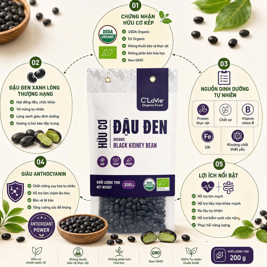 Đậu Đen Hữu Cơ C'Lavie 200g - Thực Phẩm Bổ Sung Dinh Dưỡng Cho Mẹ Bầu, Sau Sinh, Người Già, Người Tiểu Đường, Ăn Chay, Ăn Kiêng, Eat Clean, Healthy, Tốt Cho Tim Mạch, Dùng Nấu Sữa Hạt, Chè, Cháo Ăn Dặm Cho Bé (ĐTV, CX, Hạt Và Đậu)