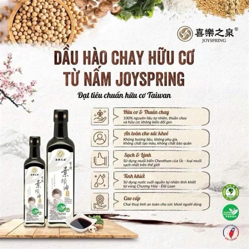 Dầu Hào Chay Hữu Cơ Từ Nấm JoySpring Chai 210ml 500m - Thực Phẩm Bổ Sung Dinh Dưỡng Cho Cả Gia Đình, Người Tiểu Đường, Ăn Kiêng, Ăn Chay (GV)