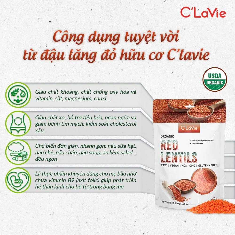 Đậu Lăng Đỏ Hữu Cơ C'Lavie 200g - Thực Phẩm Bổ Sung Dinh Dưỡng Cho Mẹ Bầu, Sau Sinh, Người Già, Người Tiểu Đường, Ăn Chay, Ăn Kiêng, Eat Clean, Healthy, Tốt Cho Tim Mạch, Dùng Nấu Sữa Hạt, Chè, Cháo Ăn Dặm Cho Bé (ĐTV, CX, Hạt Và Đậu)