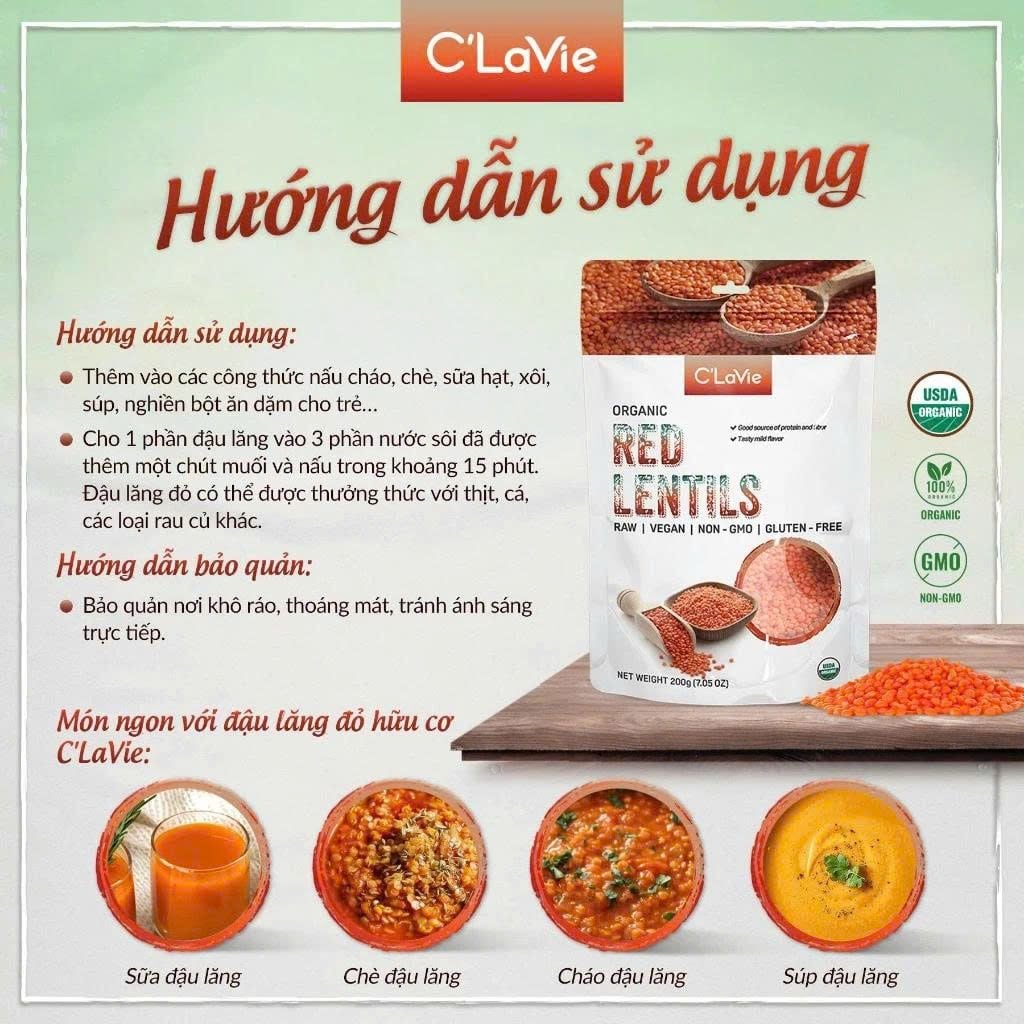 Đậu Lăng Đỏ Hữu Cơ C'Lavie 200g - Thực Phẩm Bổ Sung Dinh Dưỡng Cho Mẹ Bầu, Sau Sinh, Người Già, Người Tiểu Đường, Ăn Chay, Ăn Kiêng, Eat Clean, Healthy, Tốt Cho Tim Mạch, Dùng Nấu Sữa Hạt, Chè, Cháo Ăn Dặm Cho Bé (ĐTV, CX, Hạt Và Đậu)