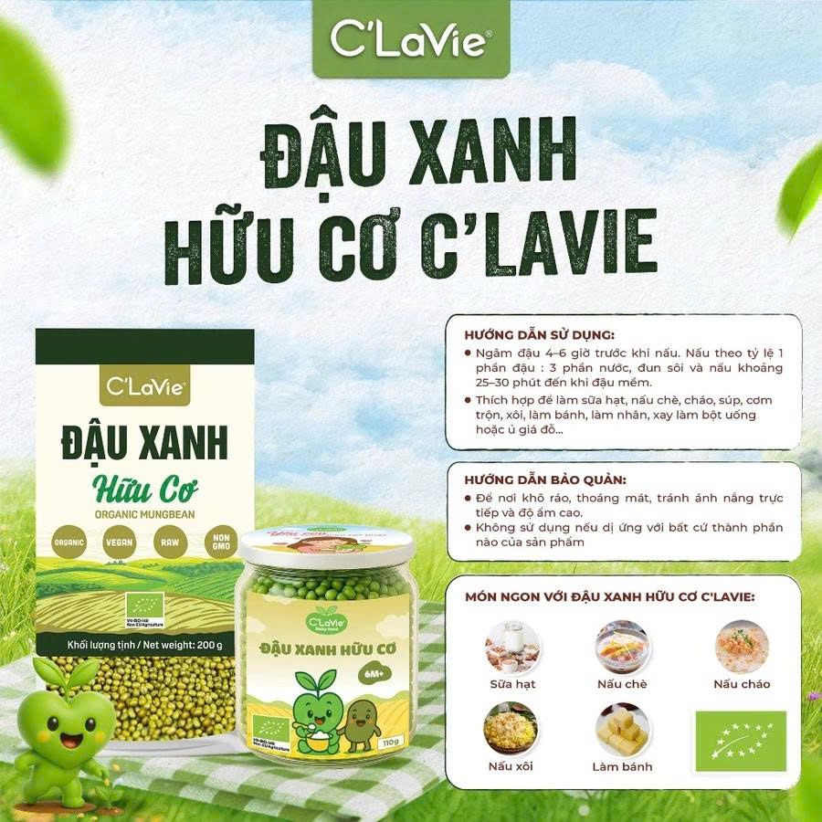 Đậu Xanh Hữu Cơ C'Lavie 200g - Thực Phẩm Bổ Sung Dinh Dưỡng Cho Mẹ Bầu, Sau Sinh, Người Già, Người Tiểu Đường, Ăn Chay, Ăn Kiêng, Eat Clean, Healthy, Tốt Cho Tim Mạch, Dùng Nấu Sữa Hạt, Chè, Cháo Ăn Dặm Cho Bé (ĐTV, CX, Hạt Và Đậu)