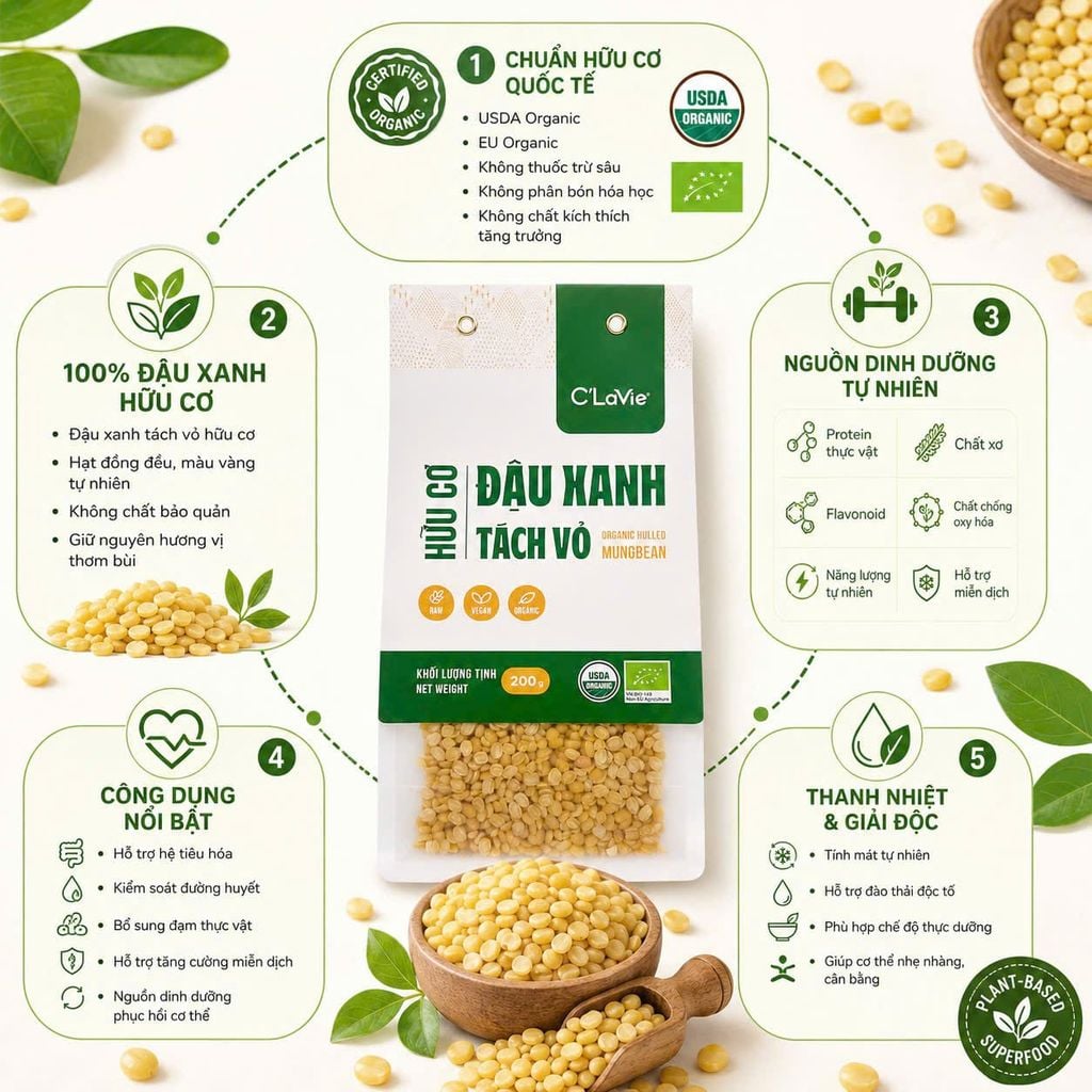 Đậu Xanh Tách Vỏ Hữu Cơ C'Lavie 200g - Thực Phẩm Bổ Sung Dinh Dưỡng Cho Mẹ Bầu, Sau Sinh, Người Già, Người Tiểu Đường, Ăn Chay, Ăn Kiêng, Eat Clean, Healthy, Tốt Cho Tim Mạch, Dùng Nấu Sữa Hạt, Chè, Cháo Ăn Dặm Cho Bé (ĐTV, CX, Hạt Và Đậu)
