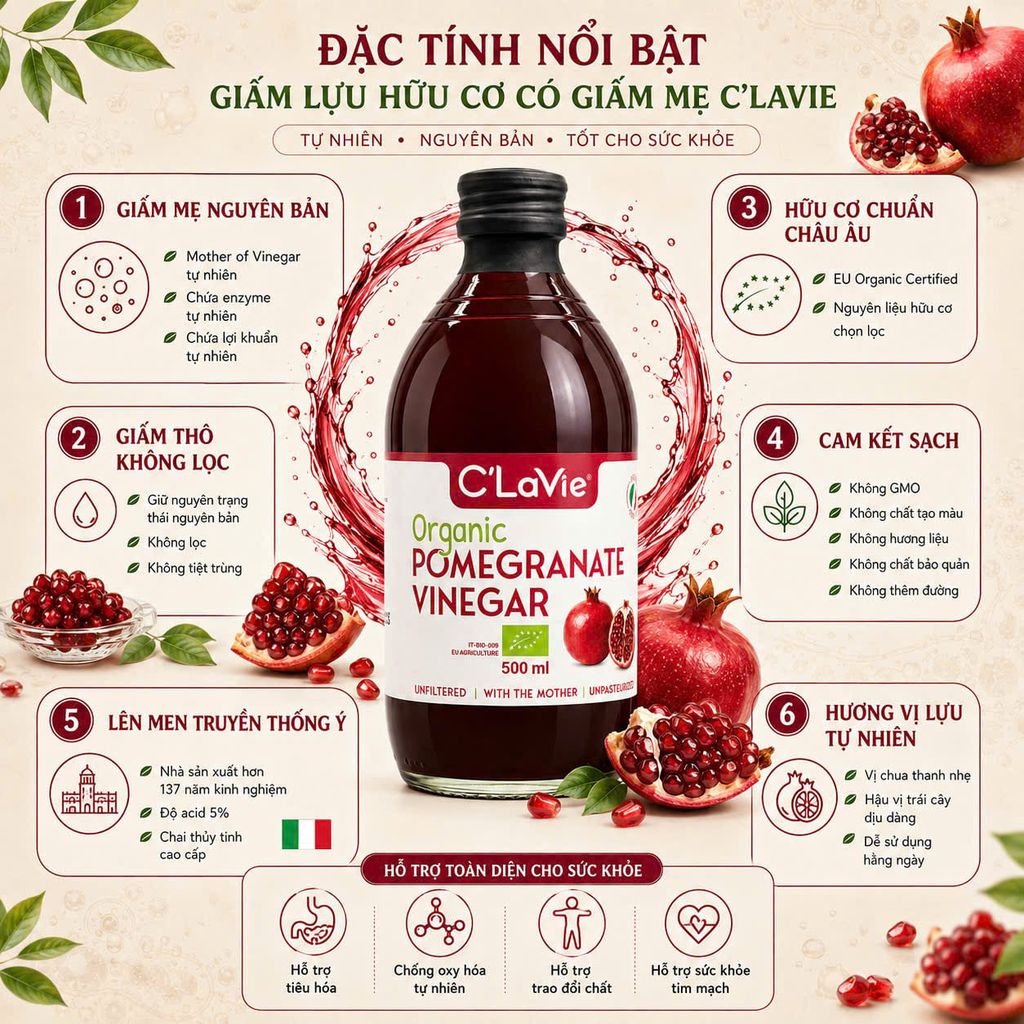 Giấm Lựu Hữu Cơ C'Lavie (Có Giấm Cái) Chai 500ml - Hỗ Trợ Detox Cơ Thể, Tốt Cho Sức Khỏe, Giấm Lên Men Tự Nhiên Nhập Khẩu Ý (GV)