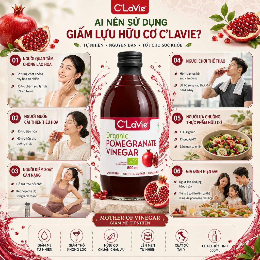 Giấm Lựu Hữu Cơ C'Lavie (Có Giấm Cái) Chai 500ml - Hỗ Trợ Detox Cơ Thể, Tốt Cho Sức Khỏe, Giấm Lên Men Tự Nhiên Nhập Khẩu Ý (GV)